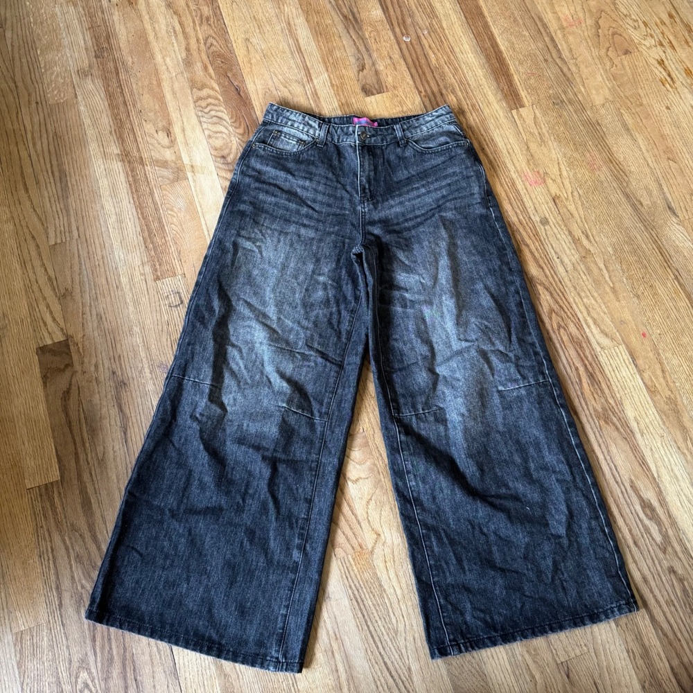 Edikted Wide Leg High Waisted Jeans Faded Black Acid‎ Wash Denim Mens Size M